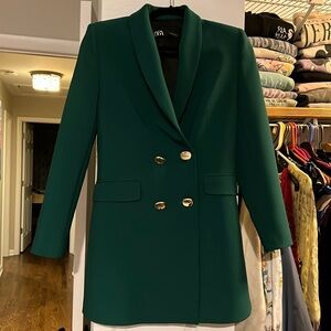 Zara long line blazer/blazer mini dress emerald green gold buttons size medium